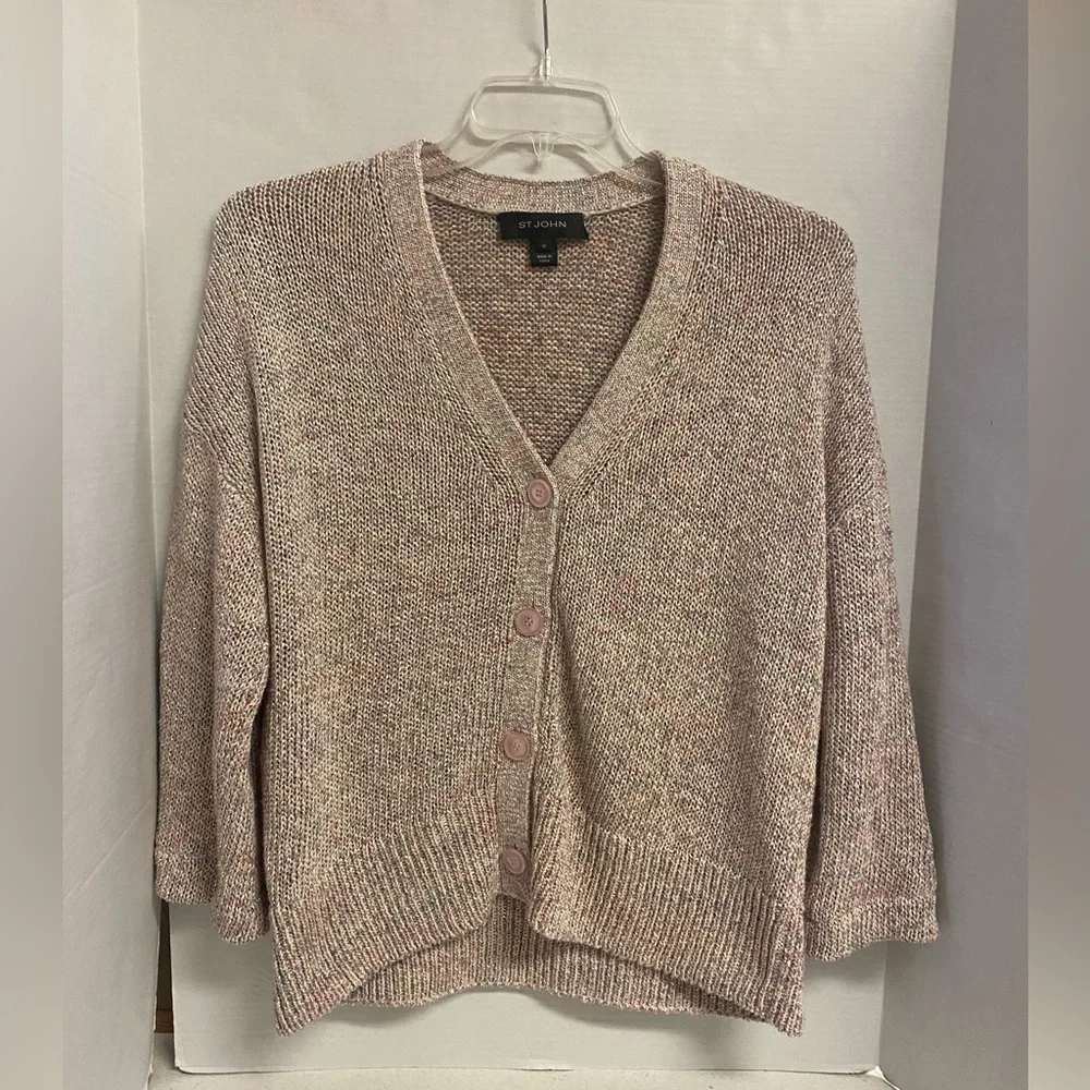 St. John Pink Confetti Knit Chunky Oversized Cardigan